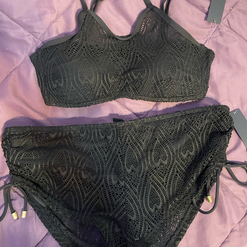 Kohl's Black Lace swimsuit with Floral Embroidery and Adjustable Straps